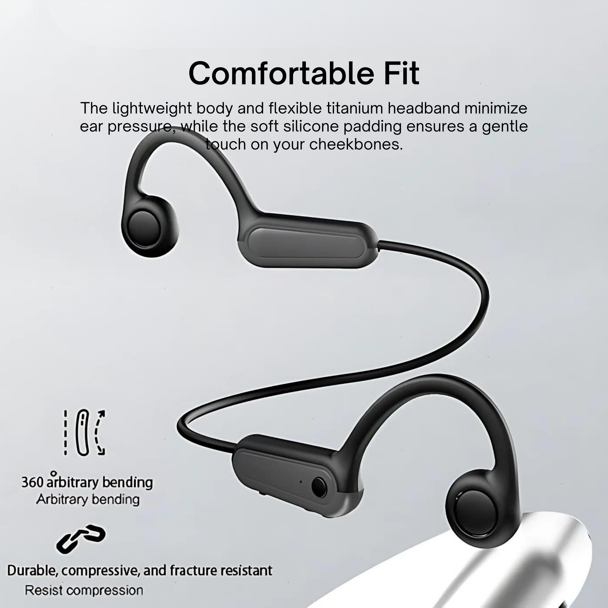 B8 Wireless Bone Conduction Headphones with Bluetooth® 5.3 showcasing comfortable fit with lightweight, flexible titanium headband.