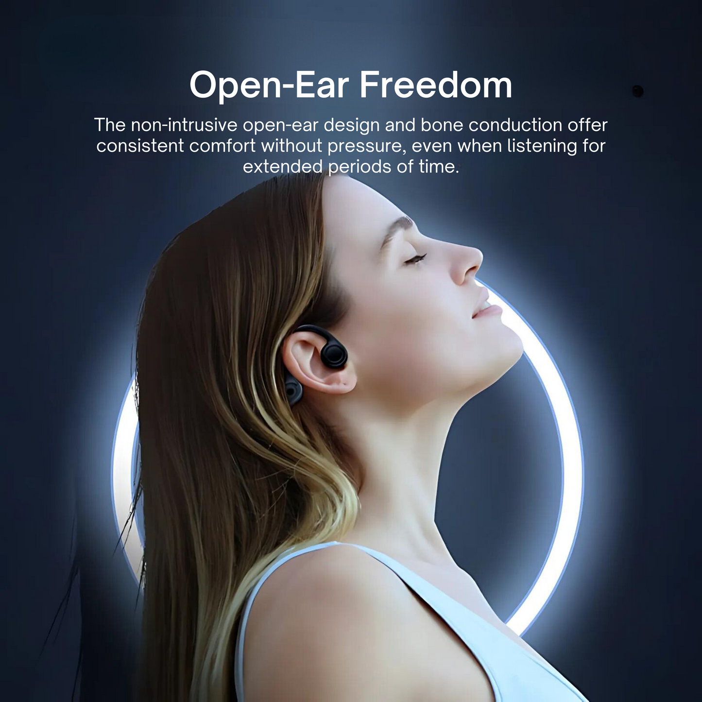 Woman enjoying music with B8 Bone Conduction Headphones showcasing open-ear freedom and comfort for extended listening.