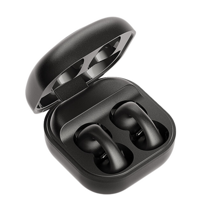 D20 Open Ear Headphones in a sleek black charging case