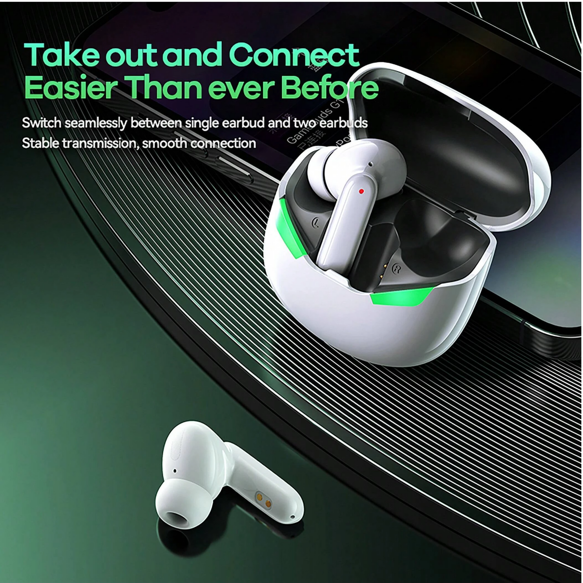 Gaming wireless earbuds with glowing breathing light feature.