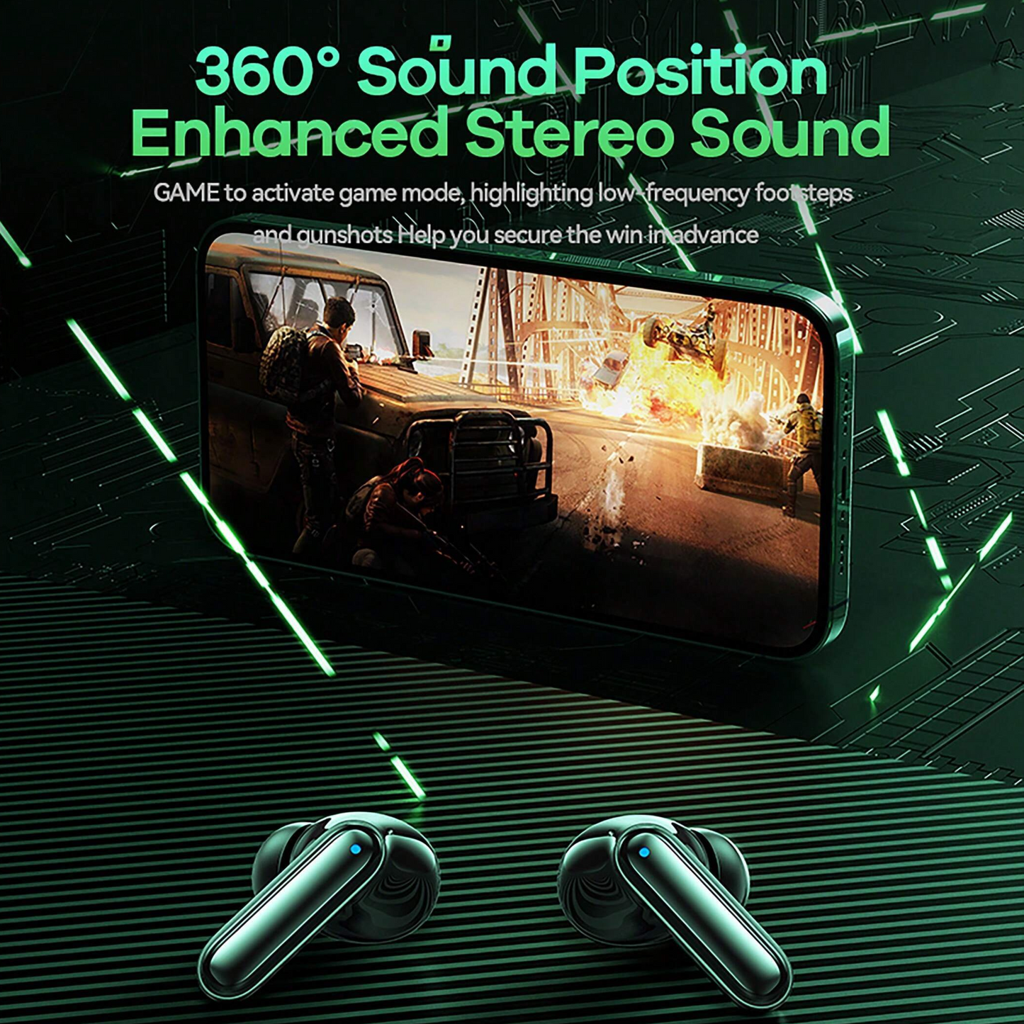 Gaming wireless earbuds paired with a smartphone for an enhanced mobile gaming experience.