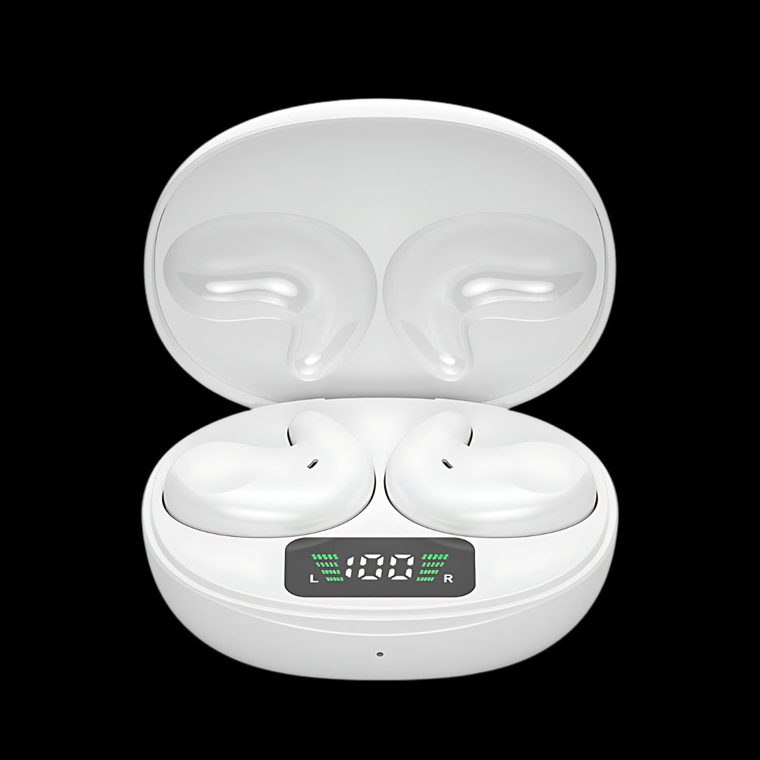 White SleepEase noise-canceling earbuds in a charging case for deep, restful sleep