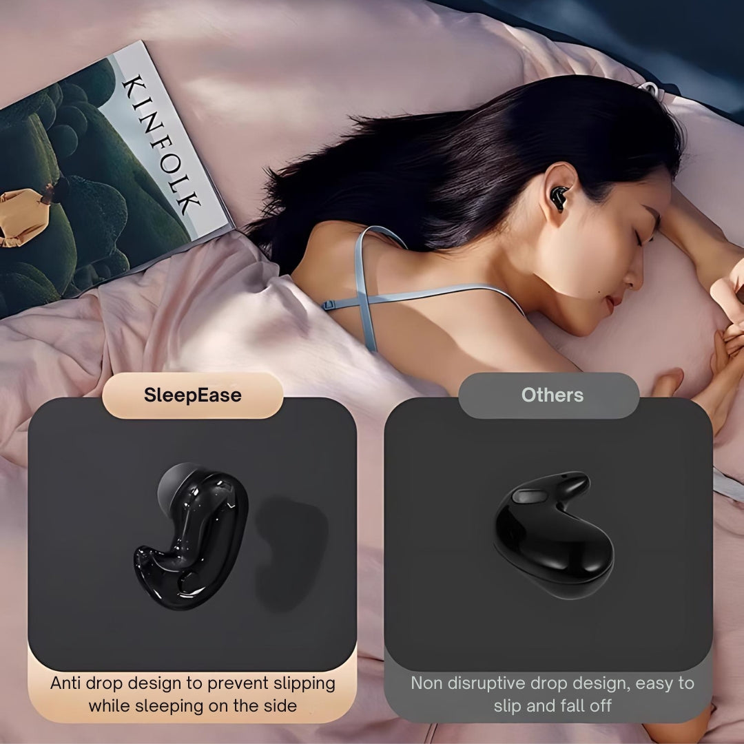 Woman sleeping with SleepEase noise-canceling earbuds