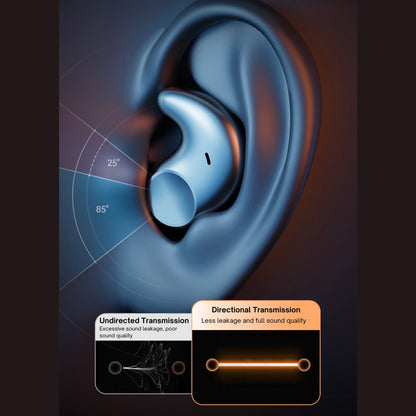 Close-up of an ear wearing SleepEase noise-canceling earbud with directional transmission